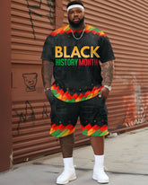 Men's Plus Size Street Black History Month Camo Graffiti Short Sleeve Shorts Set